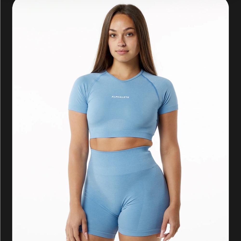 Alphalete Short Sleeve Crop: Washed Denim